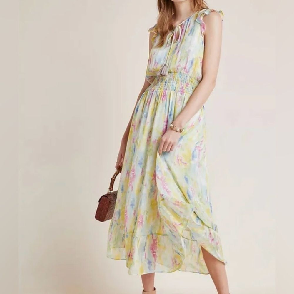 by Anthropologie Soft Colorful Flutter Sleeve Fairycore Maxi Dress Sz 6 Vacation